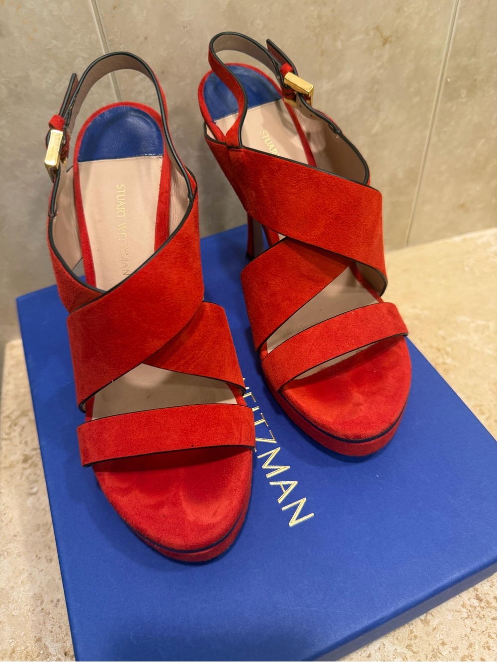 Stuart Weitzman Red Suede Crisscross Slingback Heels